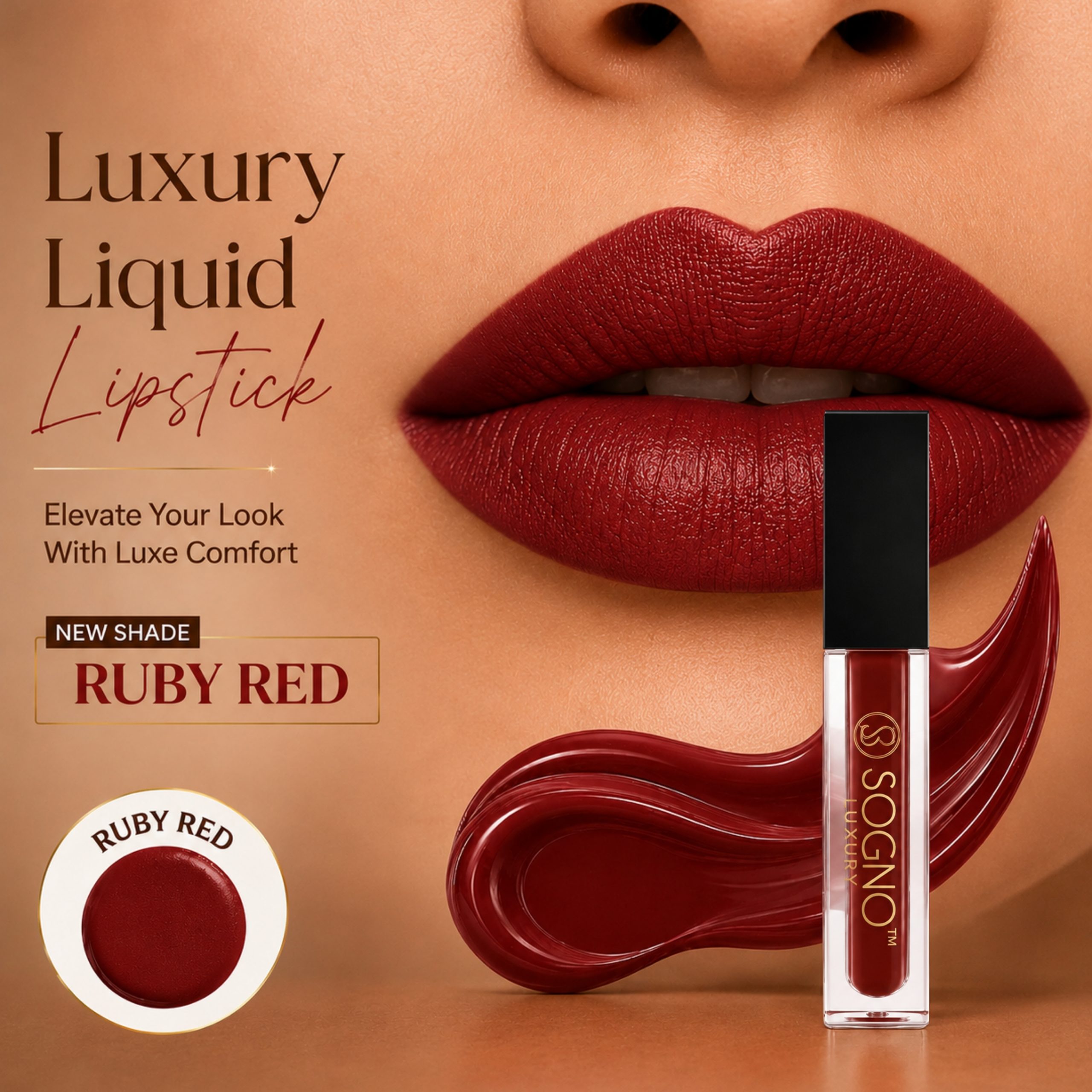 Sogno Luxury Hyaluronic Acid Matte Liquid Lipstick – Ruby Red, 4g - Image 2