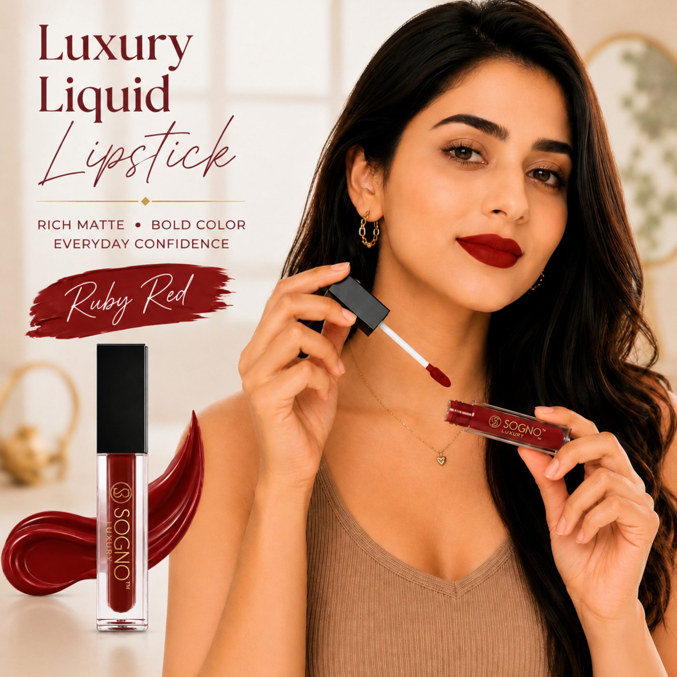 Sogno Luxury Hyaluronic Acid Matte Liquid Lipstick – Ruby Red, 4g - Image 4