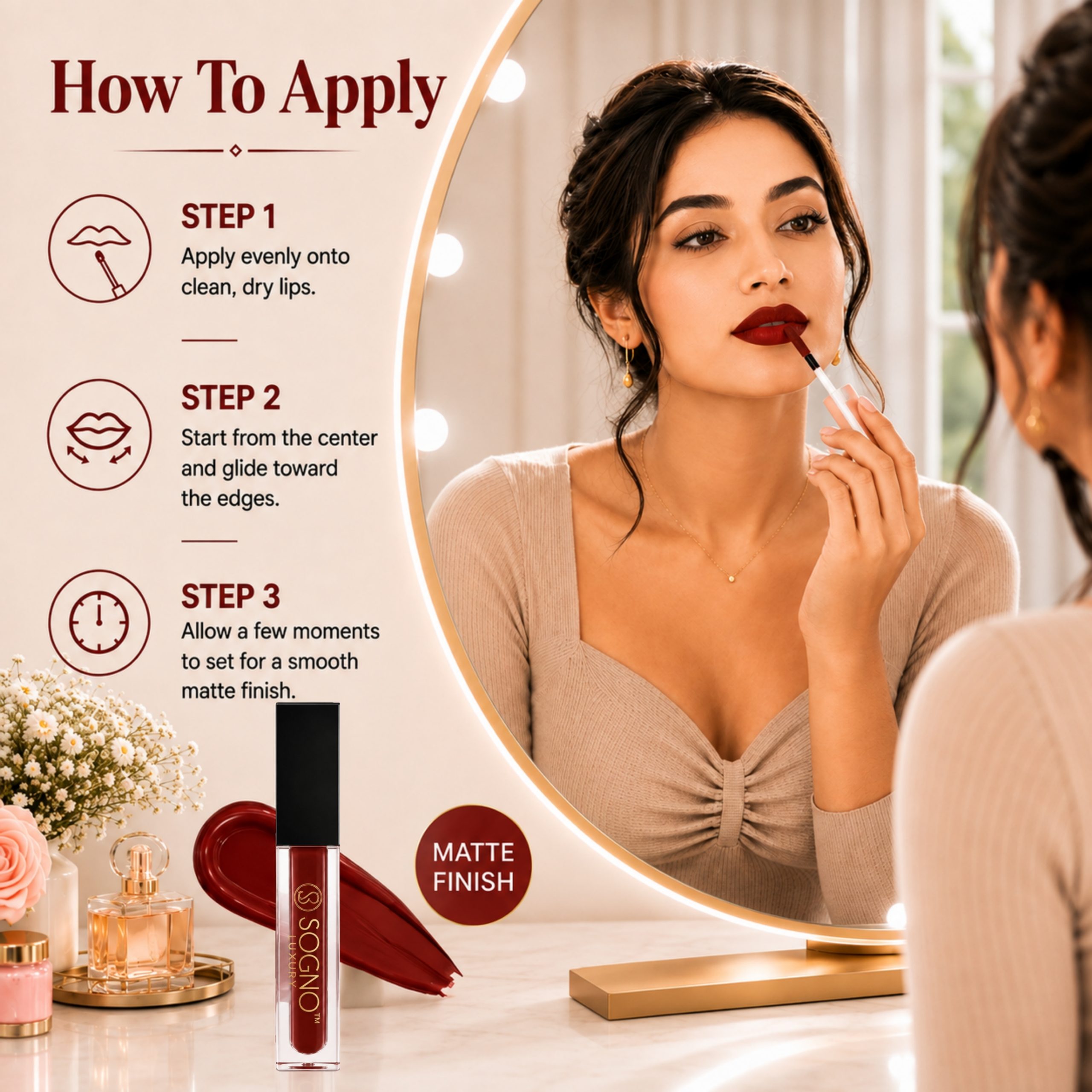 Sogno Luxury Hyaluronic Acid Matte Liquid Lipstick – Ruby Red, 4g - Image 5