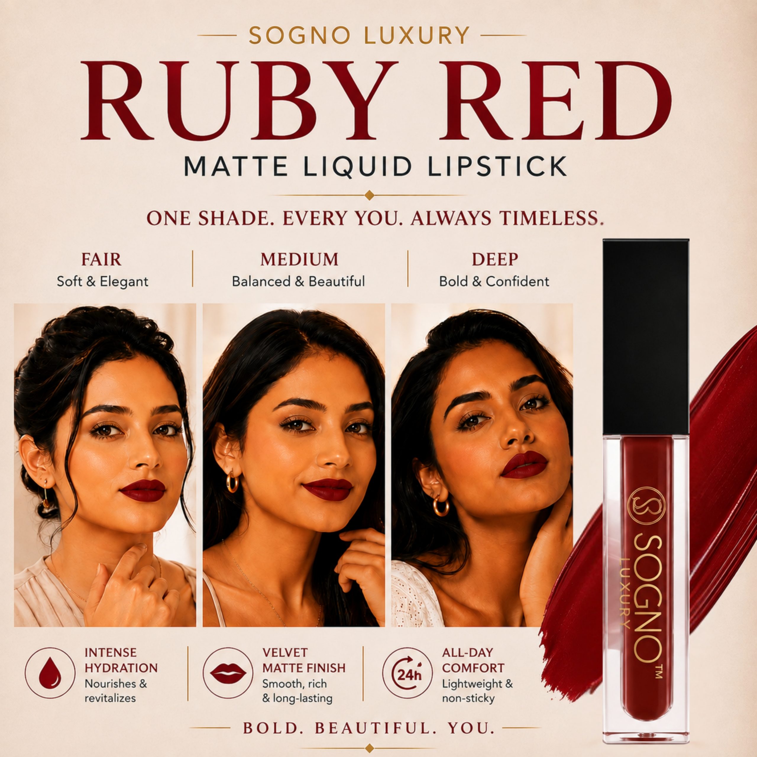 Sogno Luxury Hyaluronic Acid Matte Liquid Lipstick – Ruby Red, 4g - Image 6