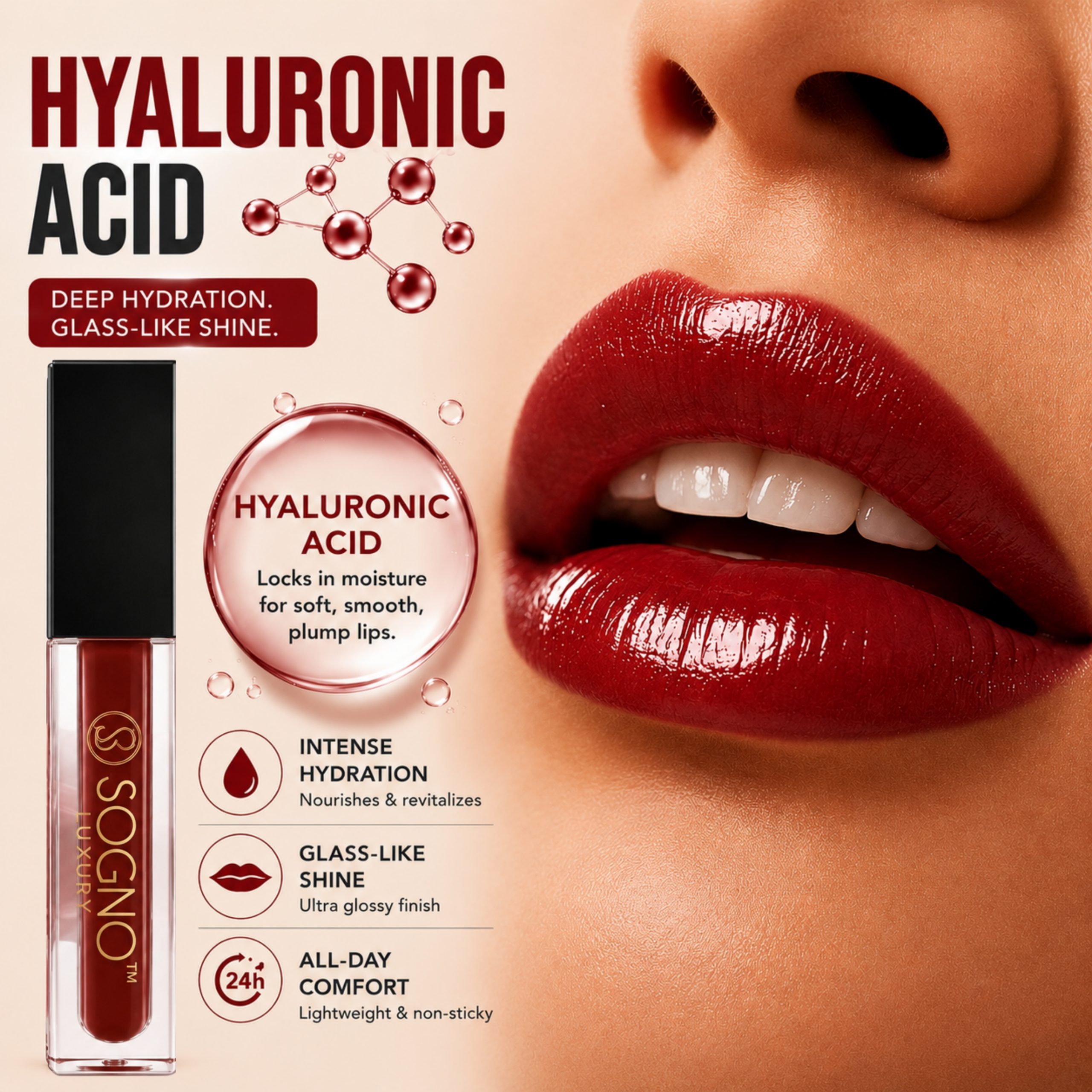 Sogno Luxury Hyaluronic Acid Matte Liquid Lipstick – Ruby Red, 4g - Image 3