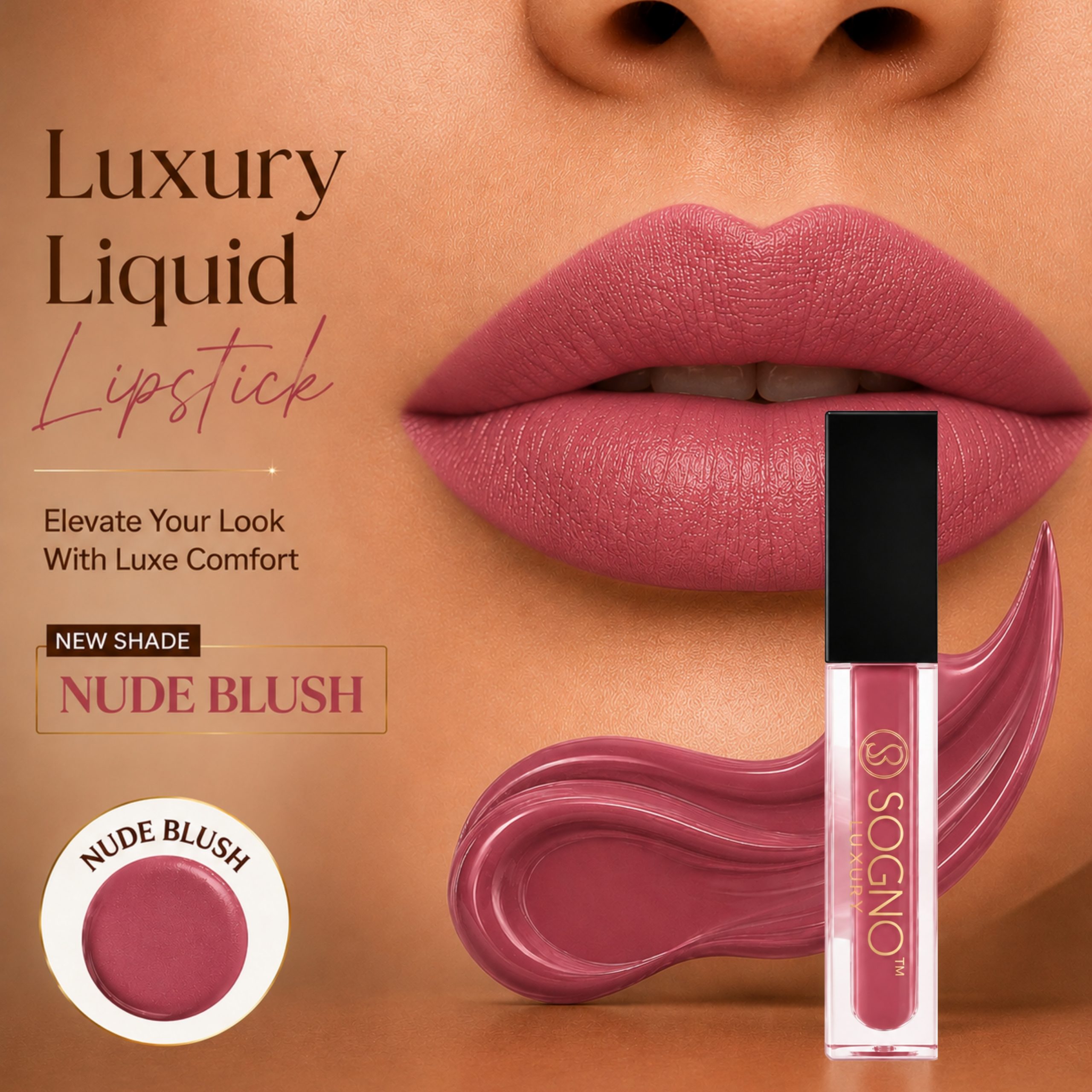 Sogno Luxury Hyaluronic Acid Matte Liquid Lipstick – Nude Blush, 4g - Image 2