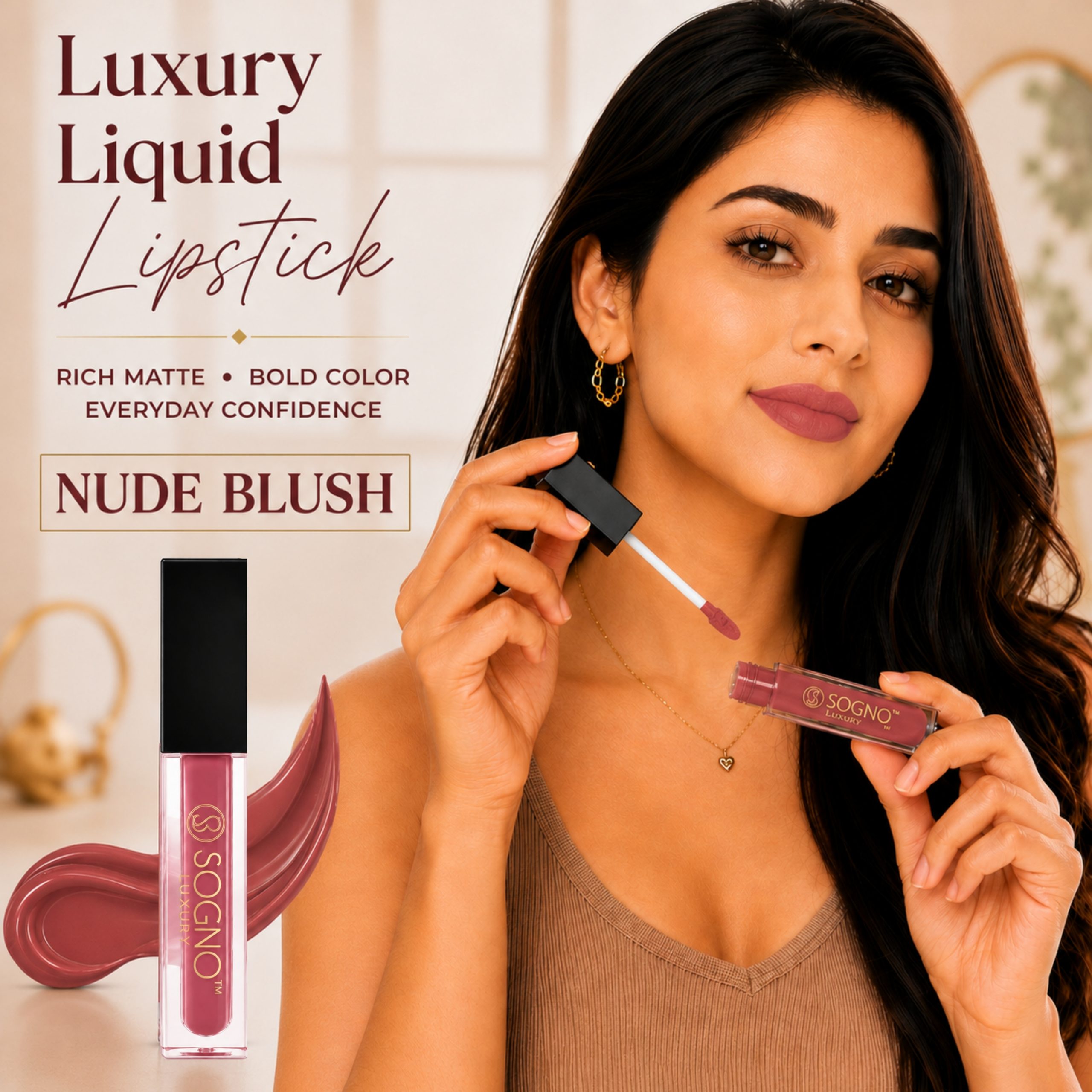 Sogno Luxury Hyaluronic Acid Matte Liquid Lipstick – Nude Blush, 4g - Image 4