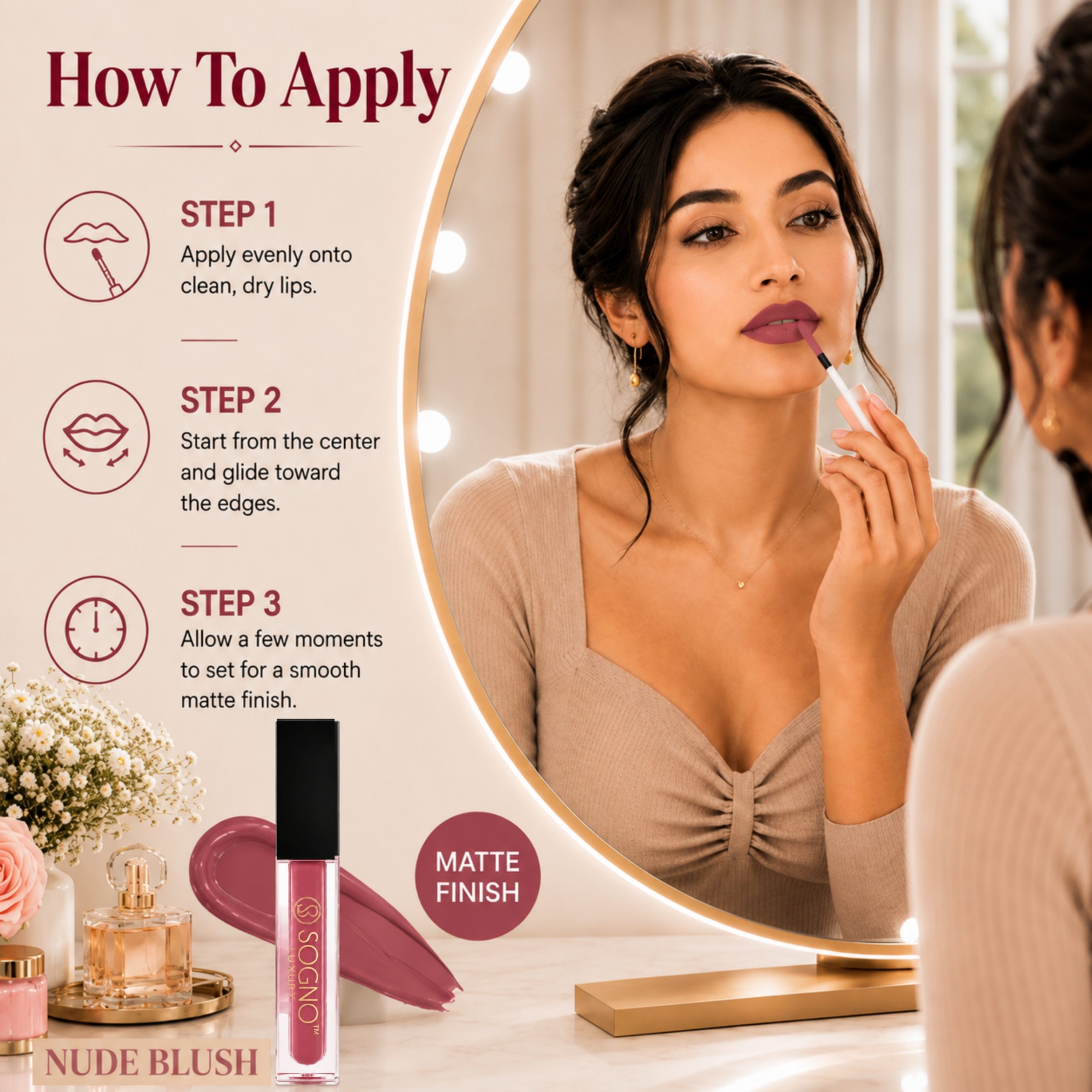 Sogno Luxury Hyaluronic Acid Matte Liquid Lipstick – Nude Blush, 4g - Image 5