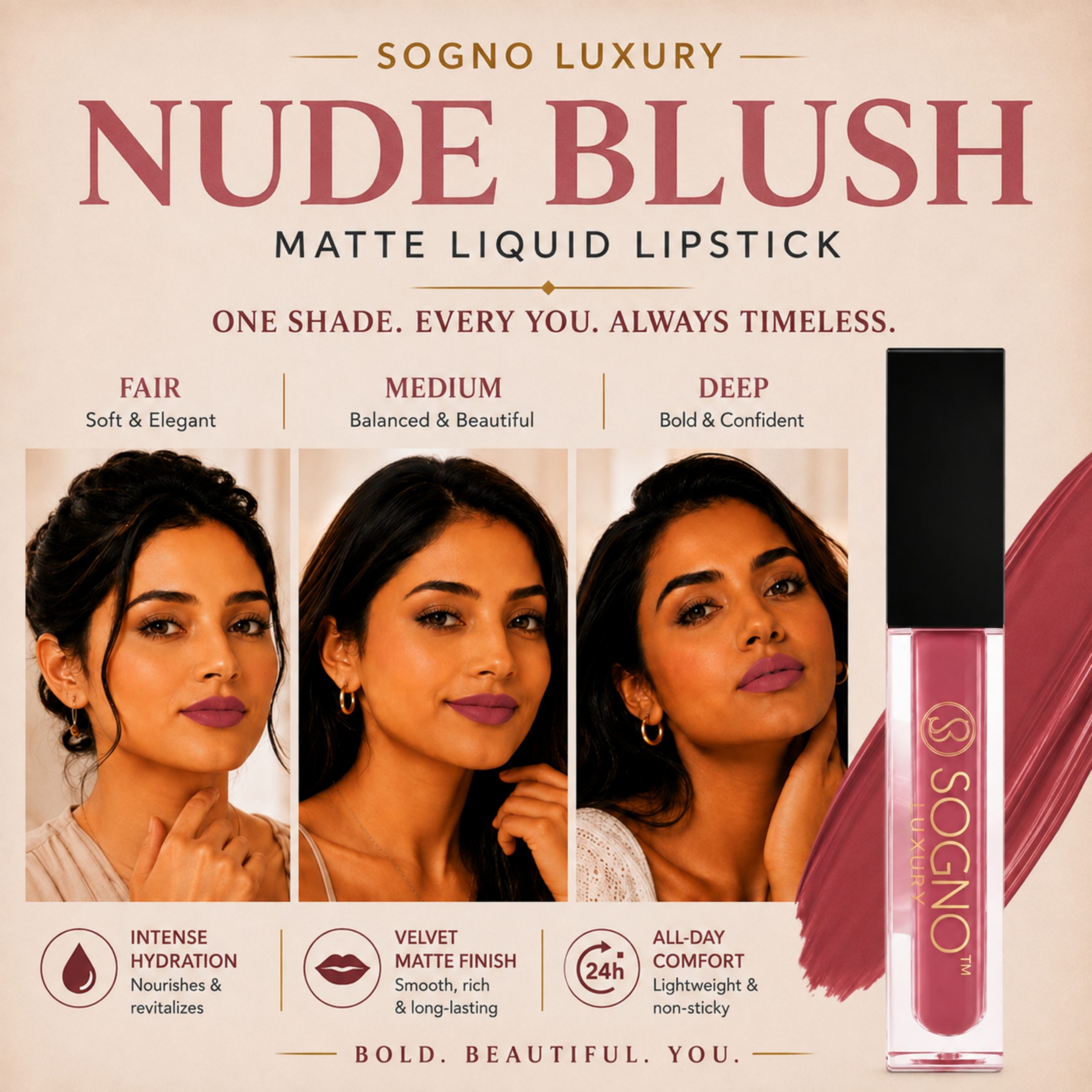 Sogno Luxury Hyaluronic Acid Matte Liquid Lipstick – Nude Blush, 4g - Image 6