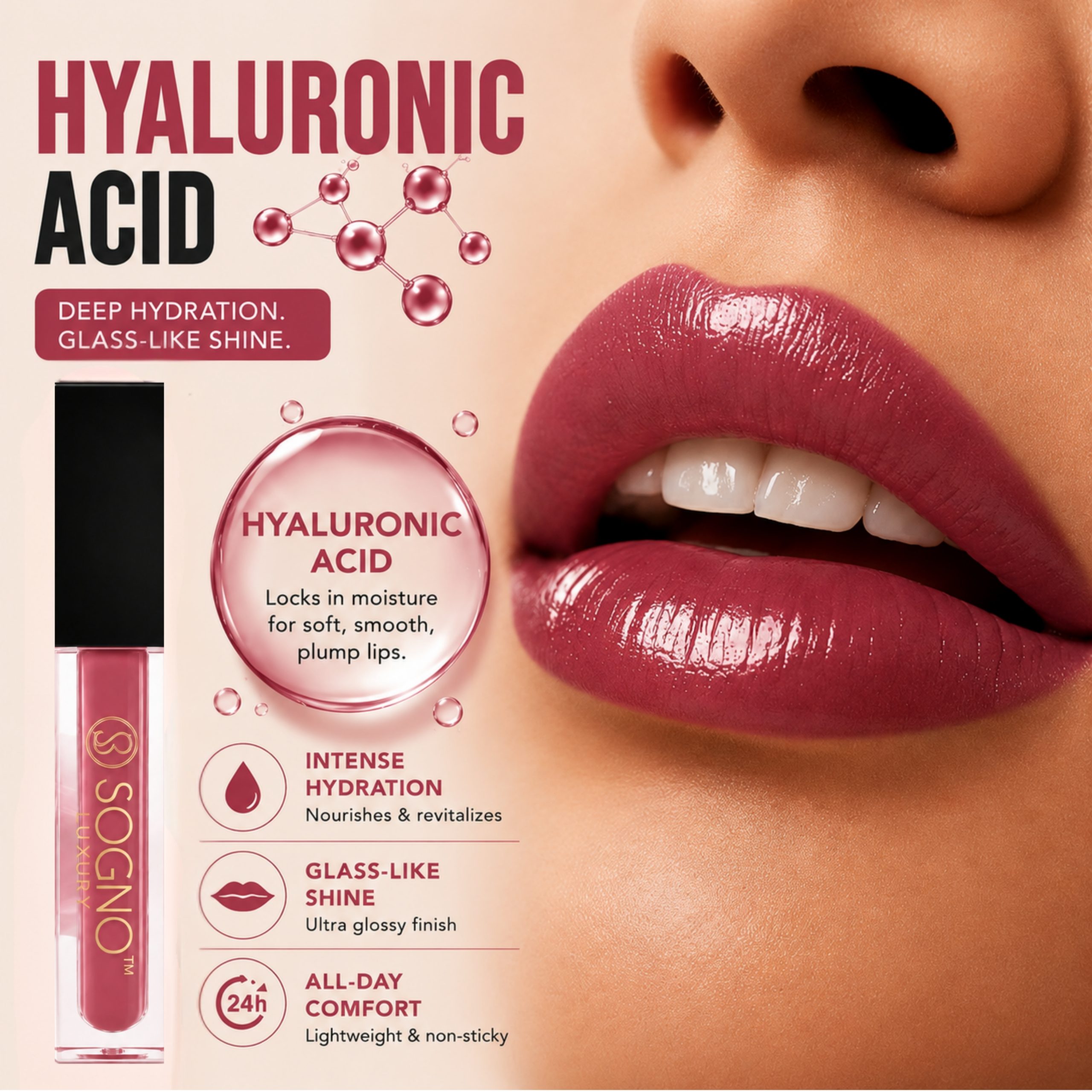 Sogno Luxury Hyaluronic Acid Matte Liquid Lipstick – Nude Blush, 4g - Image 3