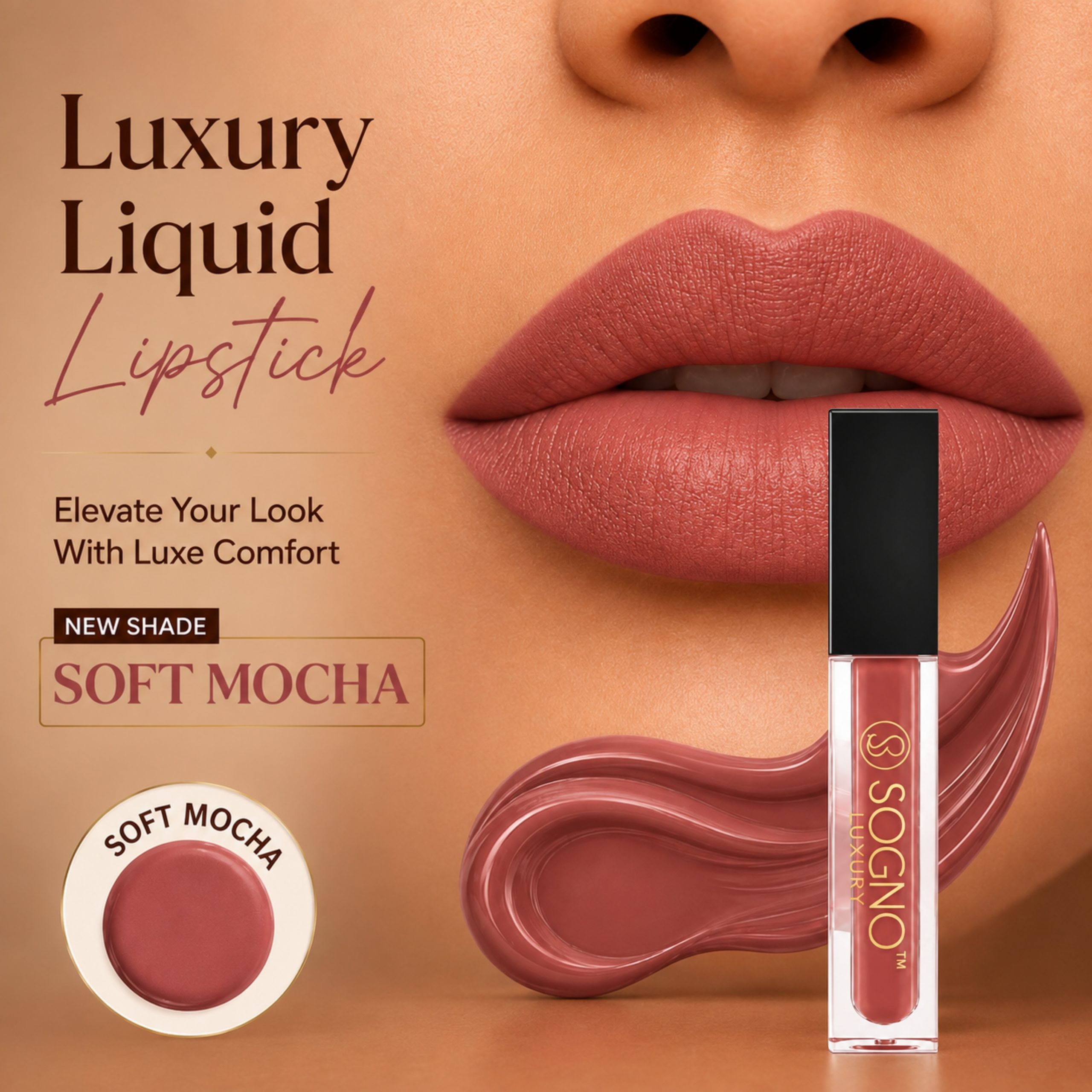 Sogno Luxury Hyaluronic Acid Matte Liquid Lipstick – Soft Mocha, 4g - Image 2