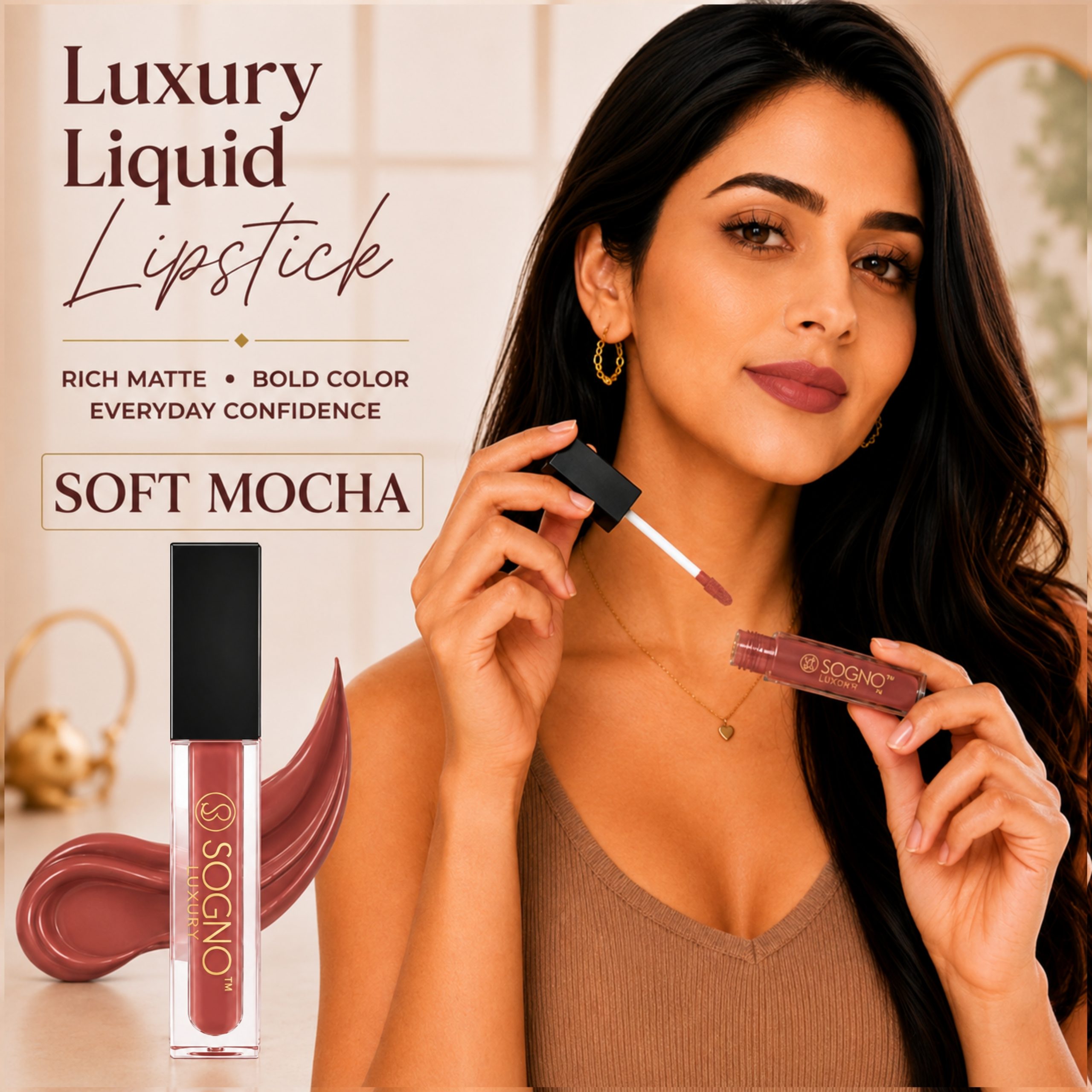 Sogno Luxury Hyaluronic Acid Matte Liquid Lipstick – Soft Mocha, 4g - Image 4