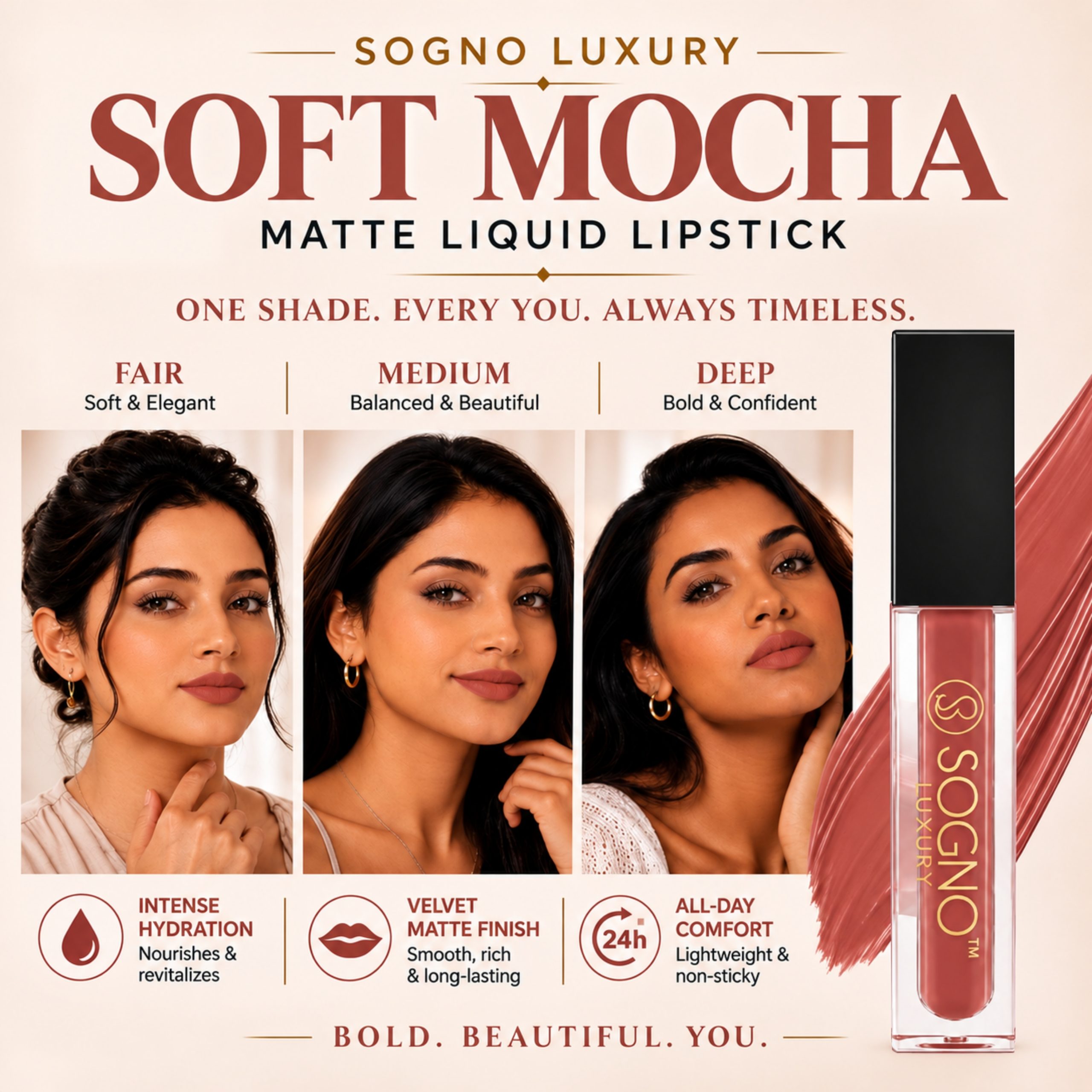 Sogno Luxury Hyaluronic Acid Matte Liquid Lipstick – Soft Mocha, 4g - Image 6